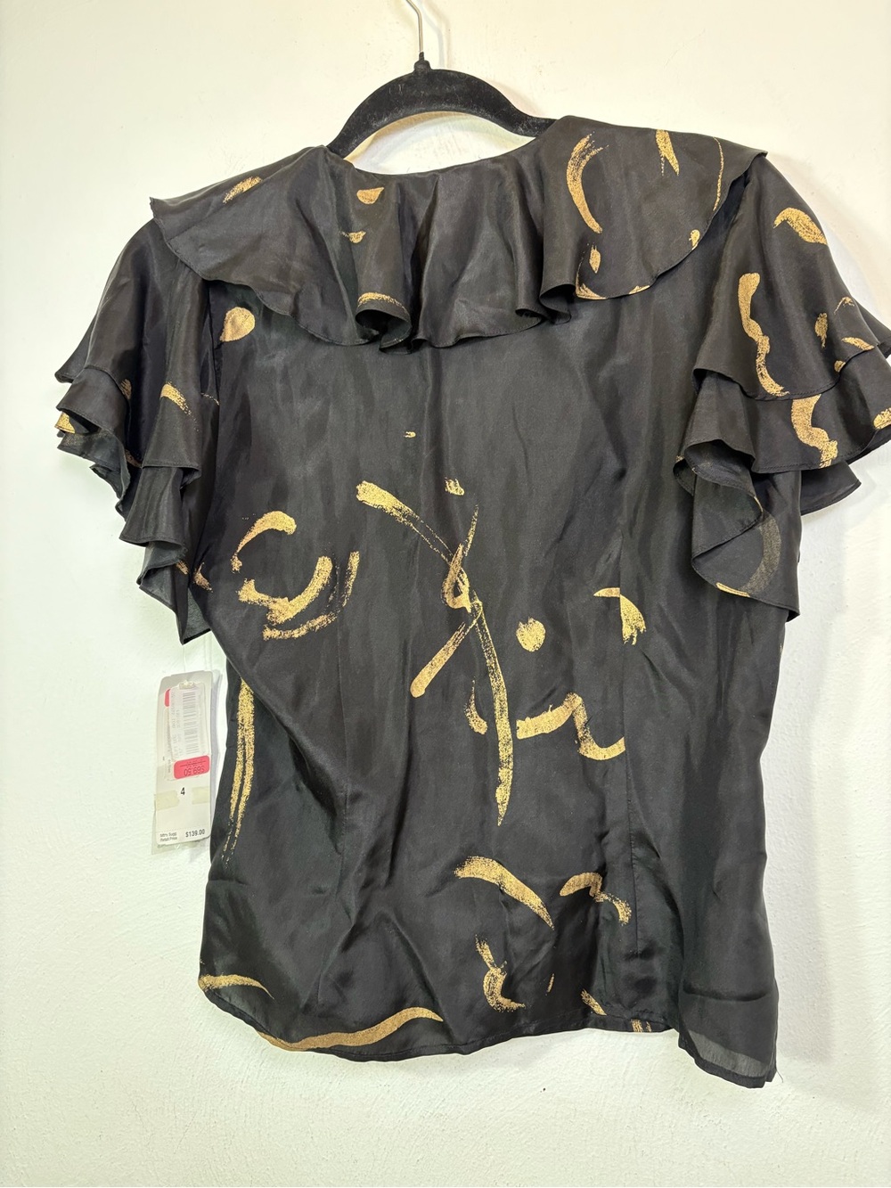 NWT Lauren Ralph Lauren 2 Piece 100% silk ruffle gold splash blouse skirt 4/6 S - Picture 8 of 16